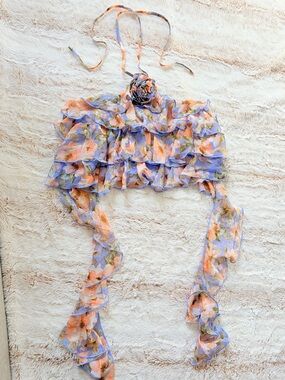 NWT JLUXLABEL Fairycore Floral Mesh Ruffle Halter Crop Jellyfish Hem Coquette